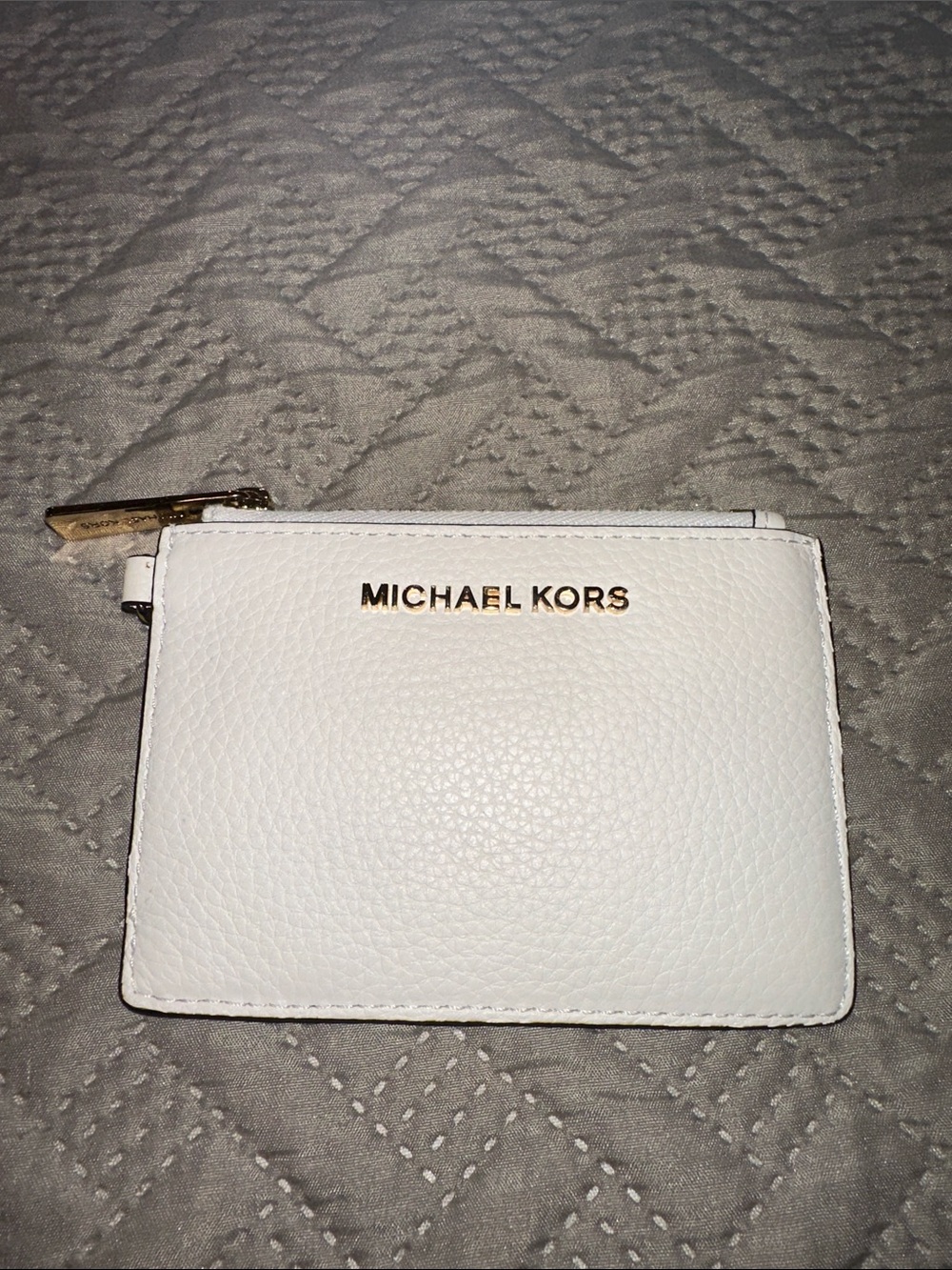 Michael Kors White Pebbled Leather Zip Card Case with Gold Hardware